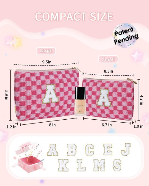Wandering Nature Personalized Initial Makeup Bag Set – 2-Pack Small Cosmetic Pouch for Travel, Toiletry & Purse Organization, Trendy Glitter Chenille Design for Women, Moms & Daughters