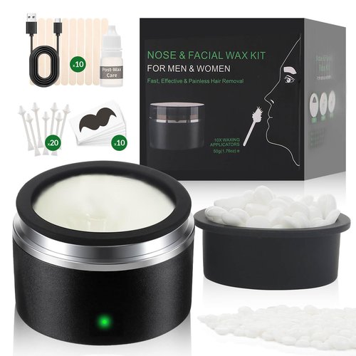 Nose Wax Kit Men & Nose Ear Hair Waxing Kit with 100g Nose Wax Beads,20 Sticks, Fast Heat, Smart Constant Temp, Portable Nose Hair Wax Kit，Multi-Purpose for Eyebrows/Lips (Black-USB)