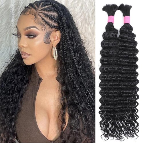 Human Braiding Hair for Boho Braids 18 Inch 2 Bundles 100g Deep Wave Bulk Hair 12A Virgin Curly for Knotless Braids (Natural Color)