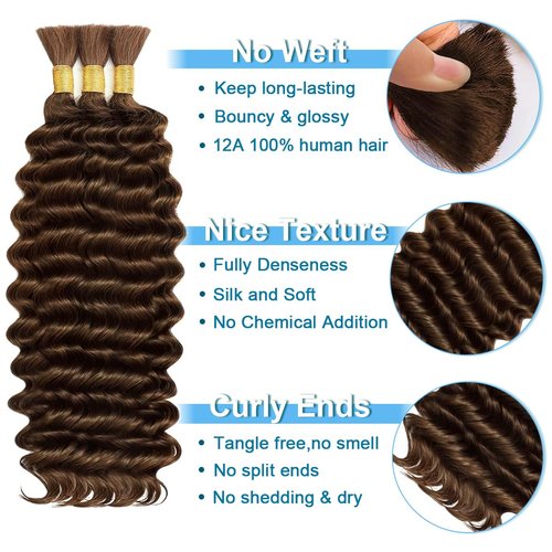CIFENDIN Human Braiding Hair For Boho Braids 110g Deep Wave Bulk Human Hair for Braiding Knotless 12A 100% Brazilian Virgin Hair Extensions Bulk Bohemian 3 Bundles Chocolate Brown 14 Inch