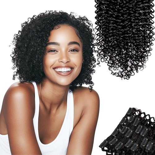 SIYUSI Kinky Curly Clip In Extensions, 3C 4A 100% Brazilian Remy Human Hair Clip Ins, Invisible & Scalp-Friendly, Natural Black Color, 3.52oz, 7Pcs (12 Inch)