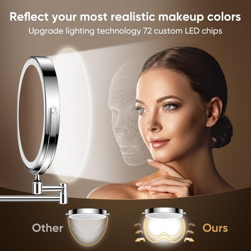 FASCINATE Rechargeable Wall Mounted Makeup Mirror with Lights and Magnification, 8 Inch Double Sided 1X 10X Magnifying Bathroom Mirror with 3 Color Lights & 360° Rotation Vanity Mirror - Chrome