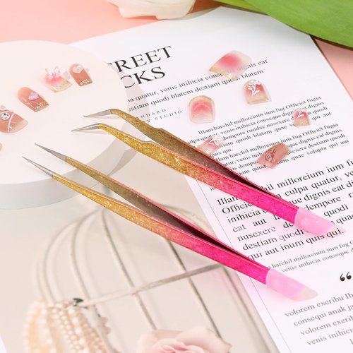 Double Ended Nail Art TweezersCurved,2Pcs Tweezers, Eyelash Tweezers, Straight Fine Tip Tweezers for Women with Silicone Pressing Tips, Suitable for Nail Art, Hair Removal, Jewelry