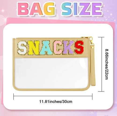 Morcheiong Chenille Letter Bag Cute Clear Zipper Stuff Pouch Portable Multi-purpose PVC and Nylon Makeup Bag with Handle for Travel School Gym Beach（Beige Snacks）
