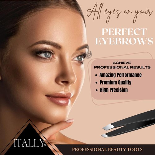 ITALLY Tweezers Set - Professional Eyebrow Tweezers - Stainless Steel Best Precision Tweezers for Women Facial Hair, Splinter, Blackhead & Ingrown Hair Removal, 4Pcs (Black)