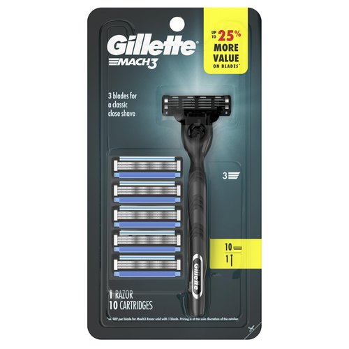 Gillette Mach3 Shaving Razor for Men, 1 Razor Gillette 3-Blade Handle for Men’s Grooming, 10 Razor Blade Refills, Lubrication Strip