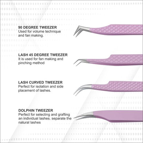 Jimy 4 Piece Set Lash Tweezers for Eyelash Extensions, Anti-Slip Diamond Grip for Professionals, Straight and Curved Precision Fiber Tips Stainless Steel, Multipurpose Eyelash Tweezers