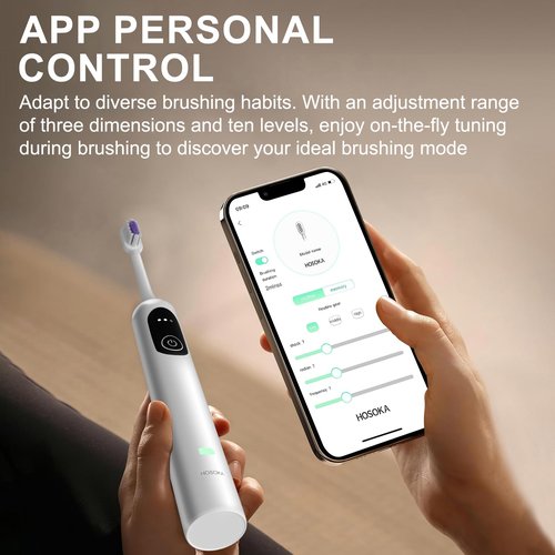 HOSOKA Electric Toothbrush for Adults, 60° Oscillating & Vibration Sonic Electric Toothbrush, Wave Toothbrush with Configurable App, 3 Brush Heads, Magnetic Rechargeable Travel Toothbrush, IPX7