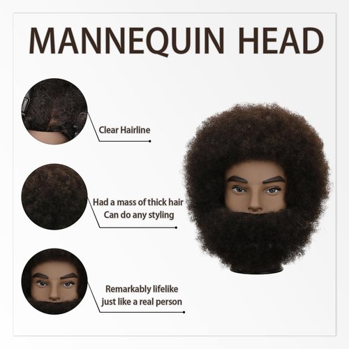 Sirydtm Afro Kinky Curly Human Hair Mannequin Head with Beard - 100% Real Hair for Braiding Practice, Cornrow, Styling, Cutting & Coloring - Professional Cosmetology Training Head for Salon & Student