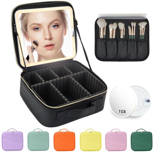 Travel Makeup Bag for Makeup Artists Large Makeup Case,with Mirror 3 Color Setting and Detachable 10x Magnifying Mirror Travel Makeup Bag,Portable Storage and Adjustable Dividers（black）