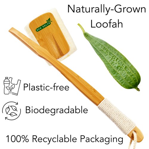 Eco Solve Natural Loofah Shower Scrubber w/Removable Bamboo Handle, Gentle Exfoliation, Long-Ergonomic Handle w/Hemp Rope Grip, Extra Loofah Included for Close Washing, Plastic-Free, Eco-Friendly
