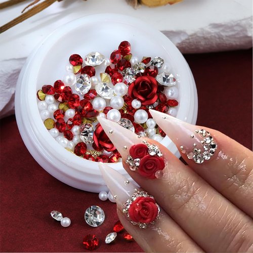 3D Red Rose Flower Nail Art Charms Valentines Nail Charms Romantic Flowers Nails Design Decorations Mixed Shiny Pearl Crystal Gems Nail Rhinestones for Women DIY Valentine Nail Jewelry Accessories