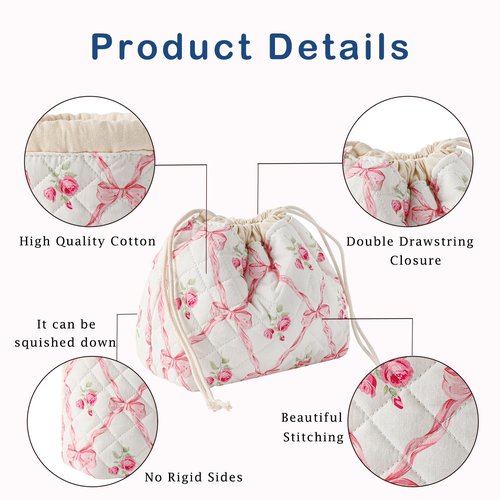 RSRSLEII Small Cotton Quilted Drawstring Makeup Bag, Cute Coquette Drawstring Cosmetic Bag with Canvas Lining, Aesthetic Travel Organized Toiletry Bags for Purse (Drawstring Pinkbows)