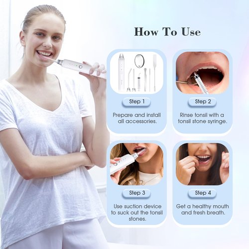 Electronic Tonsil Stone Remover Vacuum, 5X Magnifying Mirror, 3 Modes, LED Light Mouthwash, Bad Breath Water Flosser