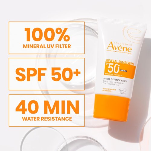 Avène Mineral Sunscreen Multi-Defense Fluid SPF 50+, Clean Formula Sunscreen for Sensitive Skin, Sheer, Water Resistant, Non-Whitening, Antioxidant Protection, 1.3 Fl Oz