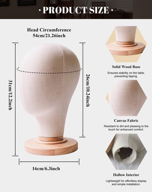 CHADWICK Wig Head Stand 21 Inch Mannequin Head Hat Display Stand Linen Wig Holder, Wig Display Model Fabric Head Wig Stand for Wigs, Hats, Caps, Headdress, Canvas Dome + Detachable Wood Stand