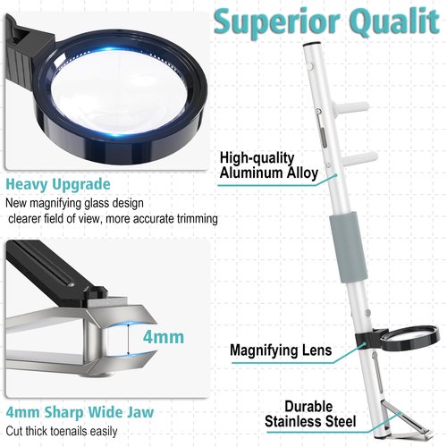 Long Handled Toenail Clippers with Magnifier, Easy Reach Pedicure Auxiliary Tools, for Seniors, Thick Nails,Overweight, Arthritis Sufferers,Ergonomic Wide Jaw Opening,Easy to Carry,(16Inch/40cm)