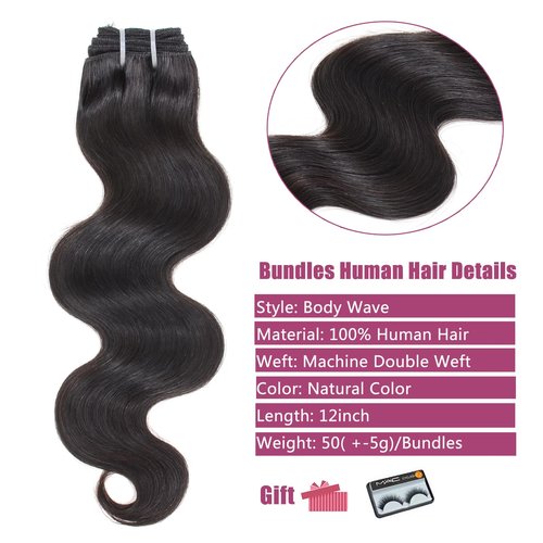 HVN-KVVM Body Wave Bundles Human Hair 12 Inch 12A Human Hair Bundles 100% Unprocessed Brazilian Virgin Hair Quick Weave Deals 4 Bundles Human Hair Natural Black Color (12/12/12/12, 4 Bundles)