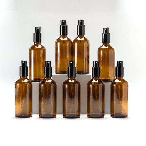 YIZHAO Amber Glass Spray Bottles 4oz, with Small Fine Mist Spray, Metal Cap, Refillable for Essential Oil,Travel,Cleaning,Perfume,Aromatherapy,Makeup – 9 Pcs