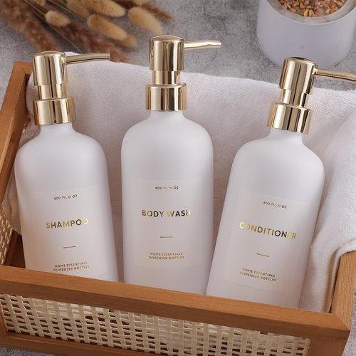 HOMCDALY Shampoo and Conditioner Dispenser, 21oz 3-Pack Refillable Pump Bottles, Shampoo Container, Empty Pump Bottle, Bathroom Shower Dispenser（21oz-White&Gold）
