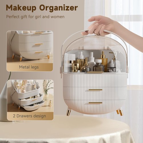BTGGG Makeup Organizers, Make Up Organizer for Vanity, Countertop Cosmetic Storage with Drawers and Transparent Cover for Bedroom Bathroom, White