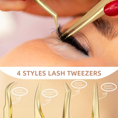 FungChoi 4-Piece High Precision Eyelash Extension Tweezers Set, Straight and Curved Lash Tweezers for Extensions, Volume Lash Tweezers for Crafting, with Iron Box Packaging