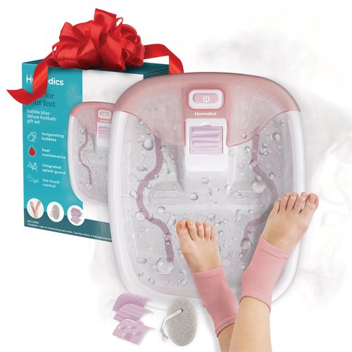 Homedics Bubble Bliss® Deluxe Footbath Gift Set – Heated Foot Spa with Invigorating Bubbles, 3 Massage Attachments, Pumice Stone, Moisturizing Heel Socks & Splash Guard for Ultimate Relaxation