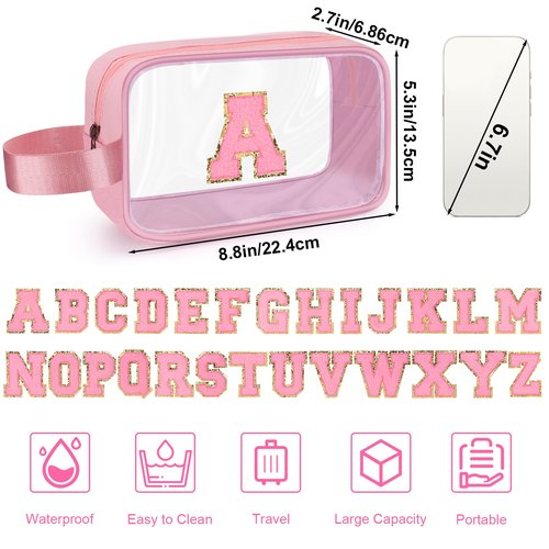 XANGNIER Clear Personalized Makeup Bag Initial Travel Toiletry Bag, 8.8''X2.7''X5.3''Size Pencil Pouch With Zipper and Handle Straps, Pink Gifts For Girlfriend Teacher Mom Brithday Mothers Day,D