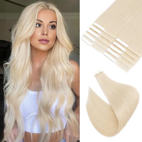 S-noilite Tape in Hair Extensions Human Hair,16 inch Upgraded Double Needle Human Hair Tape in Extensions Seamless Invisible Tape in Hair Extensions Human Hair 50g 20pcs(#60 Platinum Blonde)