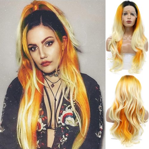 karissa Hair Orange Blonde Lace Front Wigs Black Women Long Orange Yellow Wavy Mermaid Ombre Rainbow Colorful Wigs Natural Hairliner Heat Friendly Party Holiday 24”, Ombre Orange Blonde