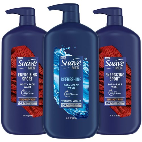 Suave Men Body + Face Wash Bundle – Energizing Sport (Beragmot & Wood) 2-Pack + Refreshing (Cedarwood & Mandarin), 30 Oz Ea