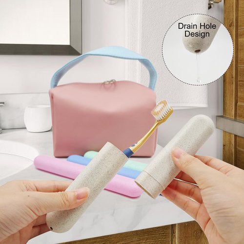 FEHNAG 4 Pack Portable Toothbrush Cases, Breathable Plastic Holders and Leather Travel Toiletry Bags, Organizers for Home, Business, Camping（pink）