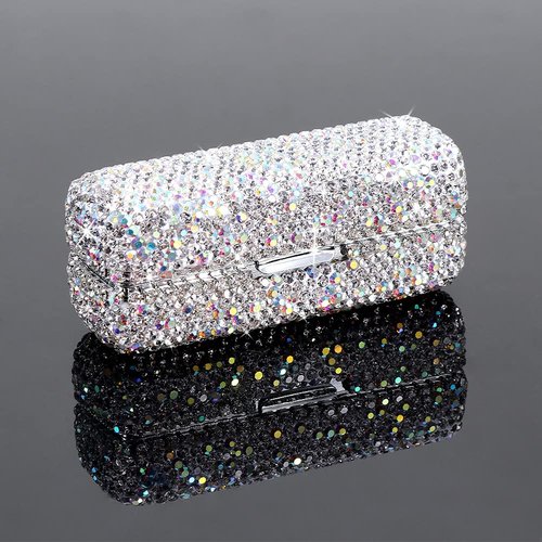 Homfanseec Rhinestone Lipstick Case with Mirror, Bling Crystal Lipstick Case Diamonds Makeup Cosmetic Storage Box Holder for Purse Ladies Fashion (Silver Color)