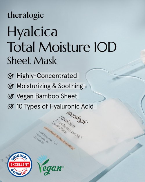 theralogic Hyalcica Total Moisture 10D Mask - Vegan Korean Moisturizing Face Mask Sheet with 10 Hyaluronic Acid and Cica - Non Sticky Refreshing - Derma Tested, 10 Sheets