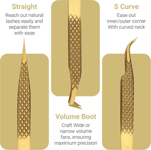 Lash Tweezers for Eyelash Extensions with Diamond Grip, Japanese Stainless Steel, Set of 3 - Great Precision for Classic, Volume & Mega Volume, Premium 45 Degree Curved Set for Women (Gold)