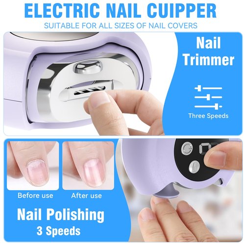 Electric Nail Clipper, 3 in 1 Electric Toenail Clippers for Seniors, 3 Speed Automatic Electric Nail Trimmer, Portable Fingernail Clipper with Led Light Rechargeable Electric Polishing for Women Men