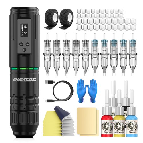 Padieoe Tattoo Gun Kit, Tattoo Kit Wireless Tattoo Machine Kit 1,600 MAH Battery Tattoo Practice Pen with Digital Led Display Type-C Charged Tattoo Supplies for Beginners WTK280