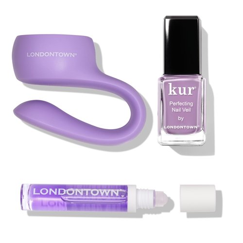 LONDONTOWN Violet Vibes Nail Polish Set - Perfecting Nail Veil #9, Sheer Lilac Tint, .40fl oz, with Bottle Service Polish Holder and Roll & Glow Cuticle Oil, Passionfruit for Dry Cracked Cuticle Care