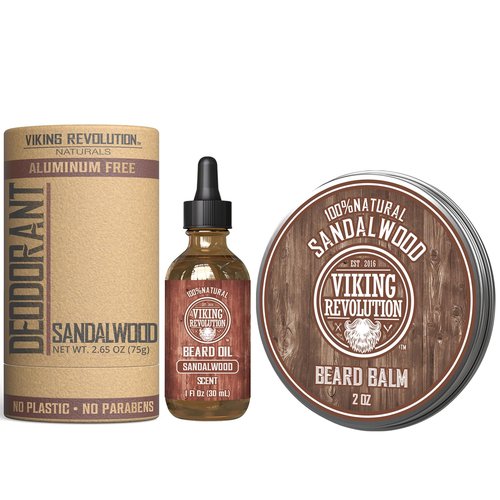 Viking Revolution Sandalwood Beard Oil, Body Lotion and Dedodorant for Men - Oil Softener and Moisturizes 1oz, Body Lotion for Hydrated and soft skin 8oz, Deodorant Men Aluminum Free 2.65oz