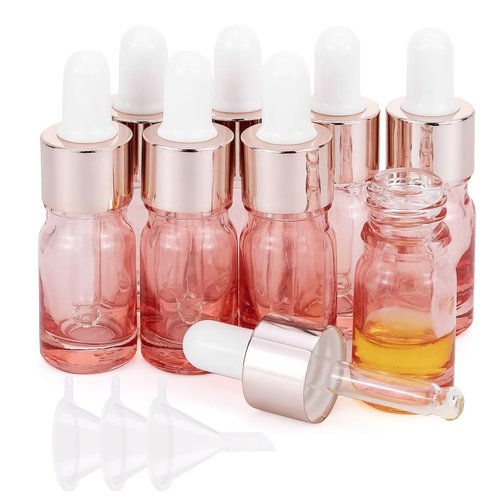 Kesell 8 Pack 5ml Pink Dropper Bottles, Empty Refillable Glass Sample Vials Essential Oils DIY Perfume Travel Container, With Rose-Gold Cap And 3 Funnels