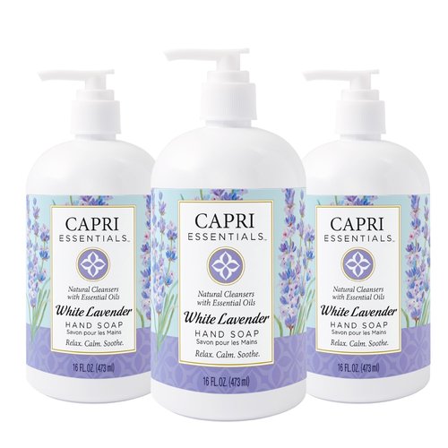 CAPRI ESSENTIALS Hand Soap Liquid, Natural Household Cleaning Supplies, Gentle Plant Based Aromatic Hand Wash, Blend of Essential Oils, Removes Dirt & Grime, White Lavender Scent, 16 FL Oz (3 Pack)
