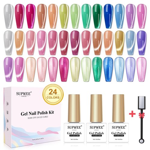 SUPWEE 24 Colors Cat Eye Gel Nail Polish Set, Summer Magnetic Nail Gel Polish Silver Nude Pink Blue Cateye Gels for Nails Varvish Home DIY