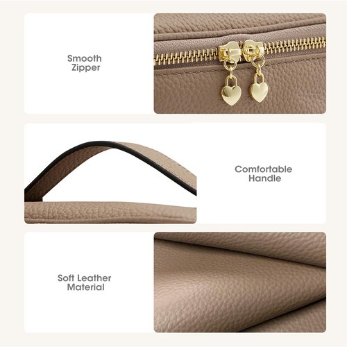 Kattee Makeup Bag for Women, Leather Cosmetic Bag, Working Makeup Bags for Ladies with Handles, Portable Travel Toiletry Bag,Apricot
