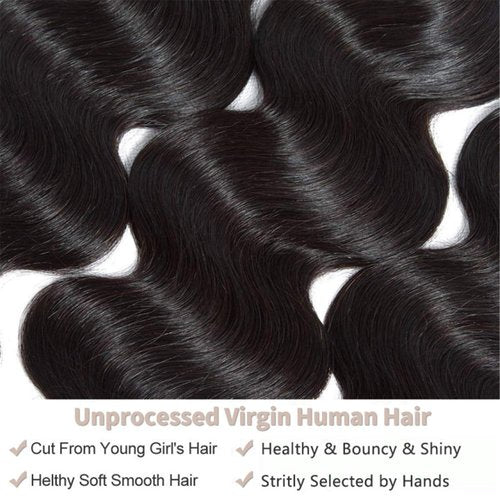 Body Wave Bundles Human Hair 12 14 16 Inch 100% Unprocessed 12A Brazilian Virgin Hair Human Hair Extensions Quick Weave Bundles Double Weft Natural Color