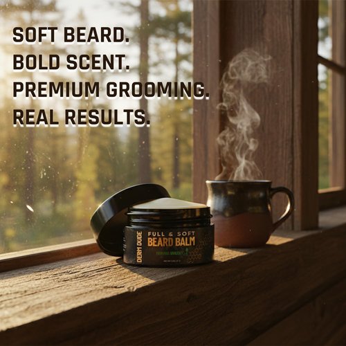 Derm Dude Full & Soft Beard Balm for Men | With Shea Butter & Grapeseed Oil to Moisturize & Smooth | Leave-in Conditioner for Healthier Fuller & Thicker Facial Hair -Morning Woodsy Scent 2oz (2 Pack)