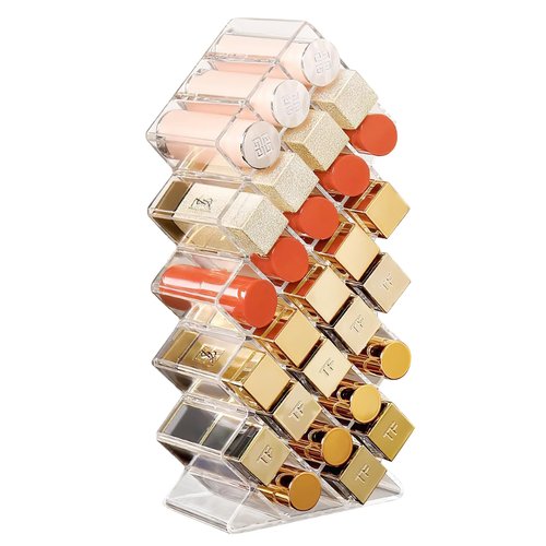 Hebaogugu Lipstick Organizer, 28 Slots Acrylic Lip Holder, Stackable Lip Gloss Organizer, Fish Lipstick Tower Holder Storage for Cosmetic Bathroom Vanity Countertop Display (28 Slots)