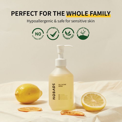 NOBADS SOFT CLEAN ALL-IN-ONE WASH, Natural cleansing ingredients, Low skin irritation, Paraben-free and formulated without harmful ingredients, Safe for everyone in the family