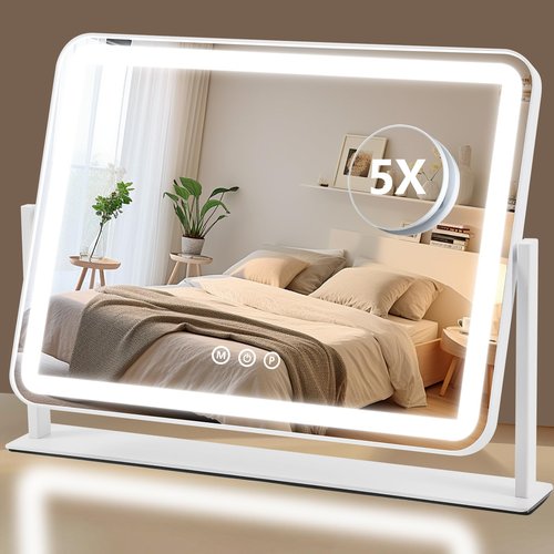 ViKert Vanity Mirror with Lights, 5X Magnification Spot Mirror, Makeup Mirror with Dimmable 3 Color Lighting, 17.3"L x 14.2"W