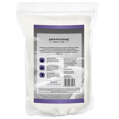 Aromasong Pure Dead Sea Salt for Soaking with 100% Natural Lavender, 5 LB - Spa Bath Salt Fine Grain - Body Wash Scrub - Soak for Women & Men- Bulk Resealable Pack (Packaging May Vary)