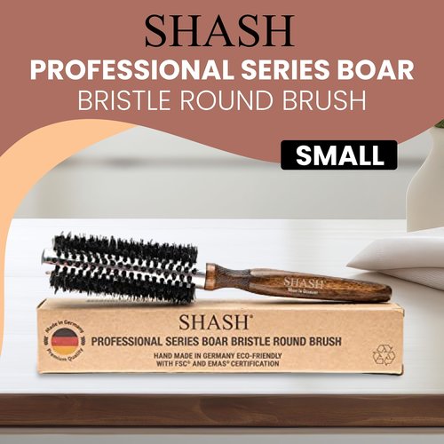 SHASH Since 1869 Hand Made In Germany Professional Series Boar Bristle Round Brush - Add Volume, Help Fight Frizz - Super-Grip Handle for Easy Styling - Eco-Sour (Small)